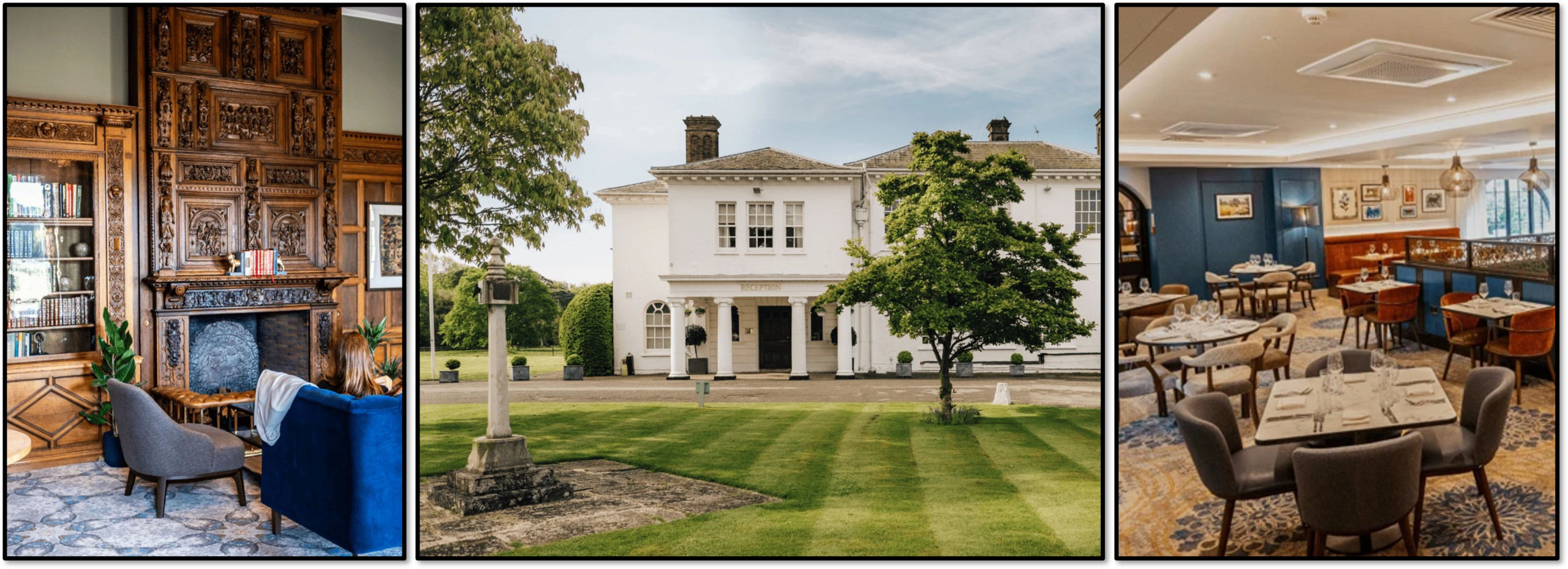 Three pictures of the venue, Milton Hill House Hotel.